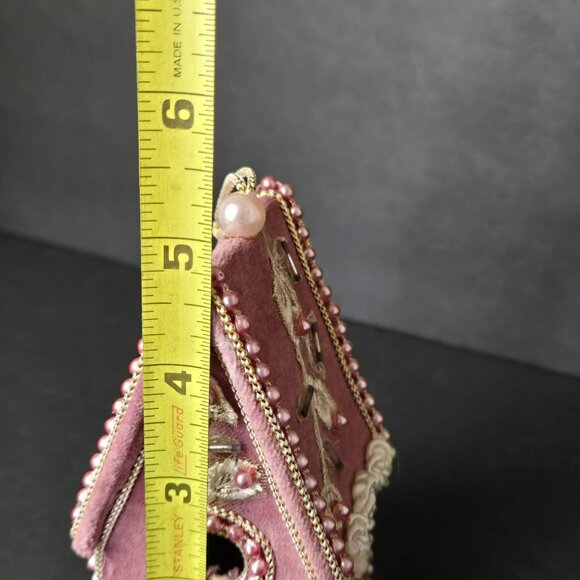 Velvet Beaded Birdhouse Ornament Pink Embroidered Christmas Decoration Elegant - Picture 7 of 9